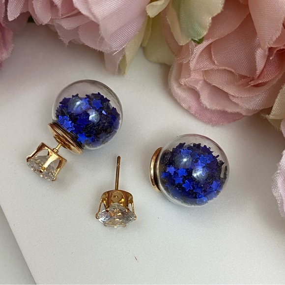 Double Stud Blue Star Confetti Crystal Earrings - Picture 11 of 16